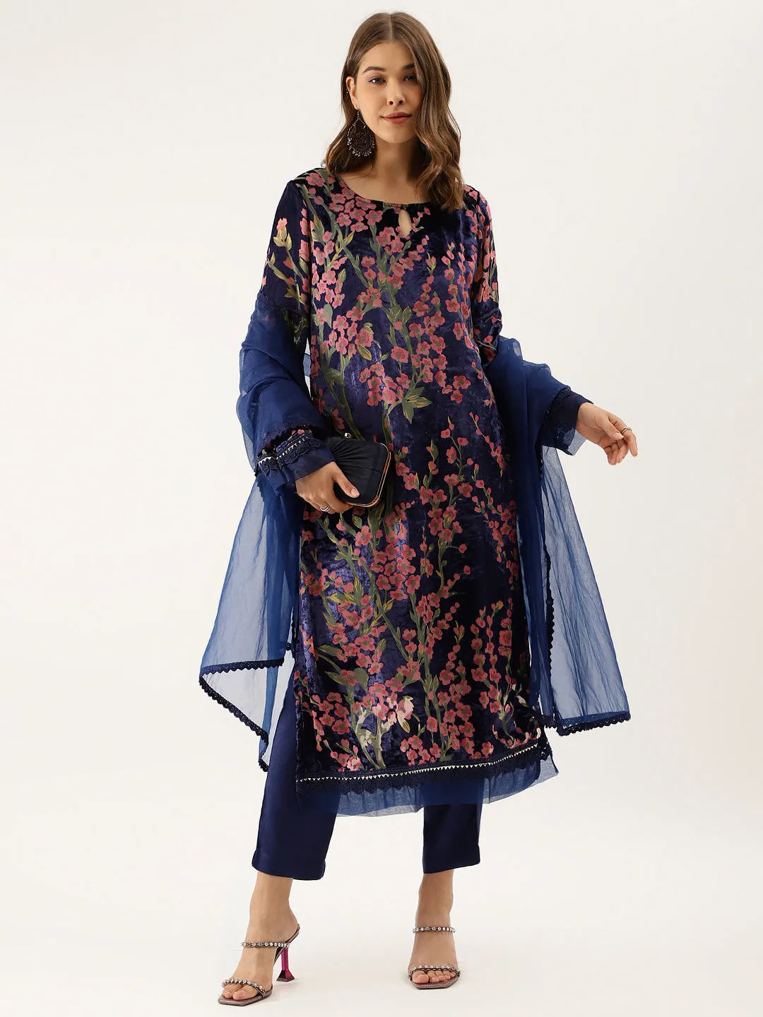 Jashvi Blue Floral Burnout Velvet Kurta Set with Organza Dupatta