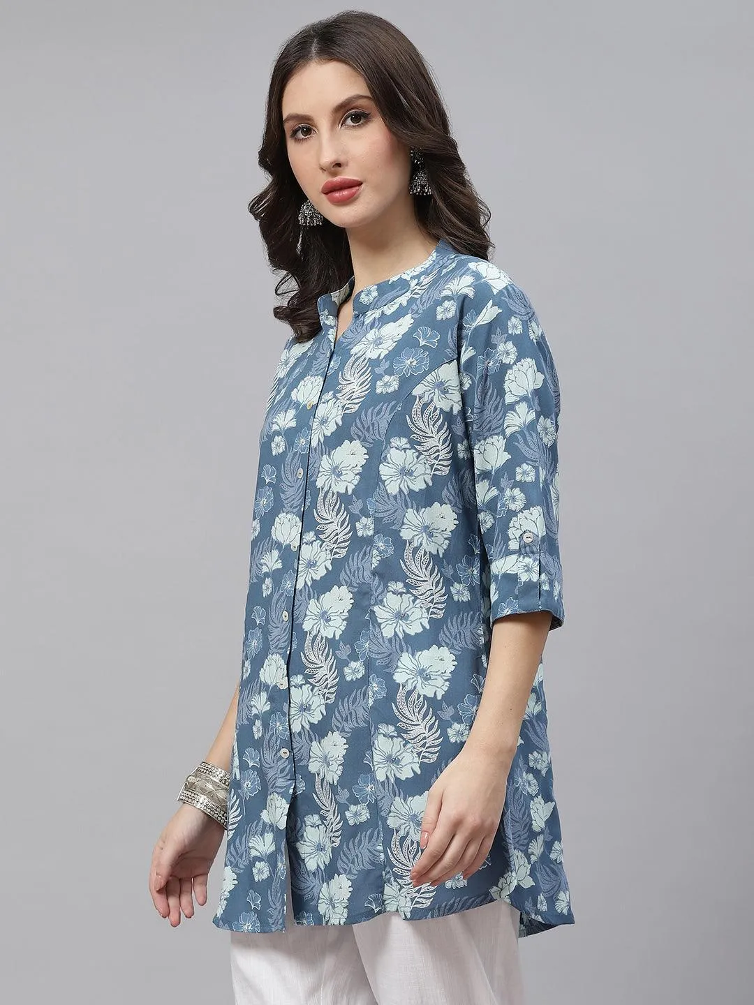 Jashvi Blue Floral Rayon A-lineTop