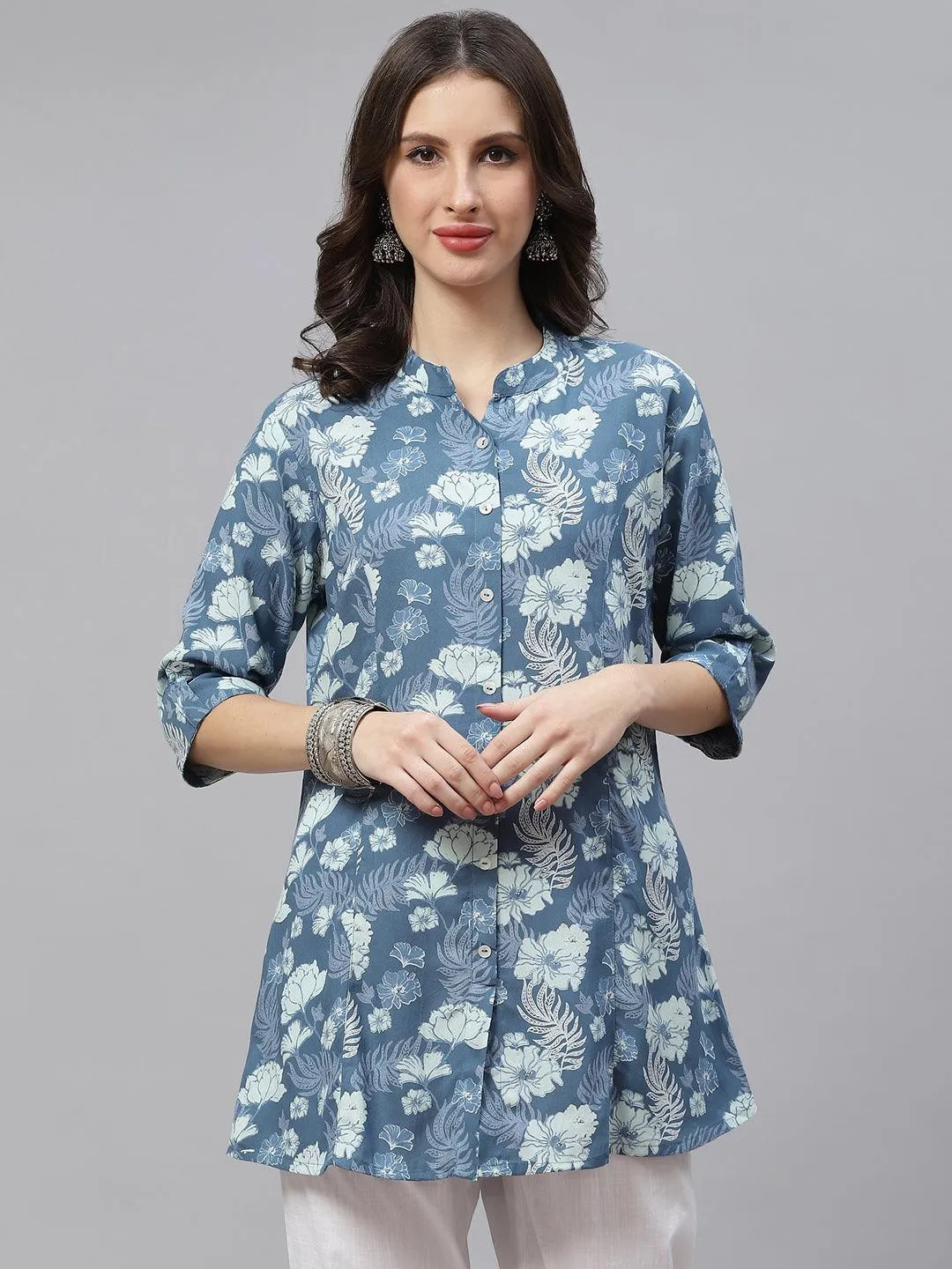 Jashvi Blue Floral Rayon A-lineTop