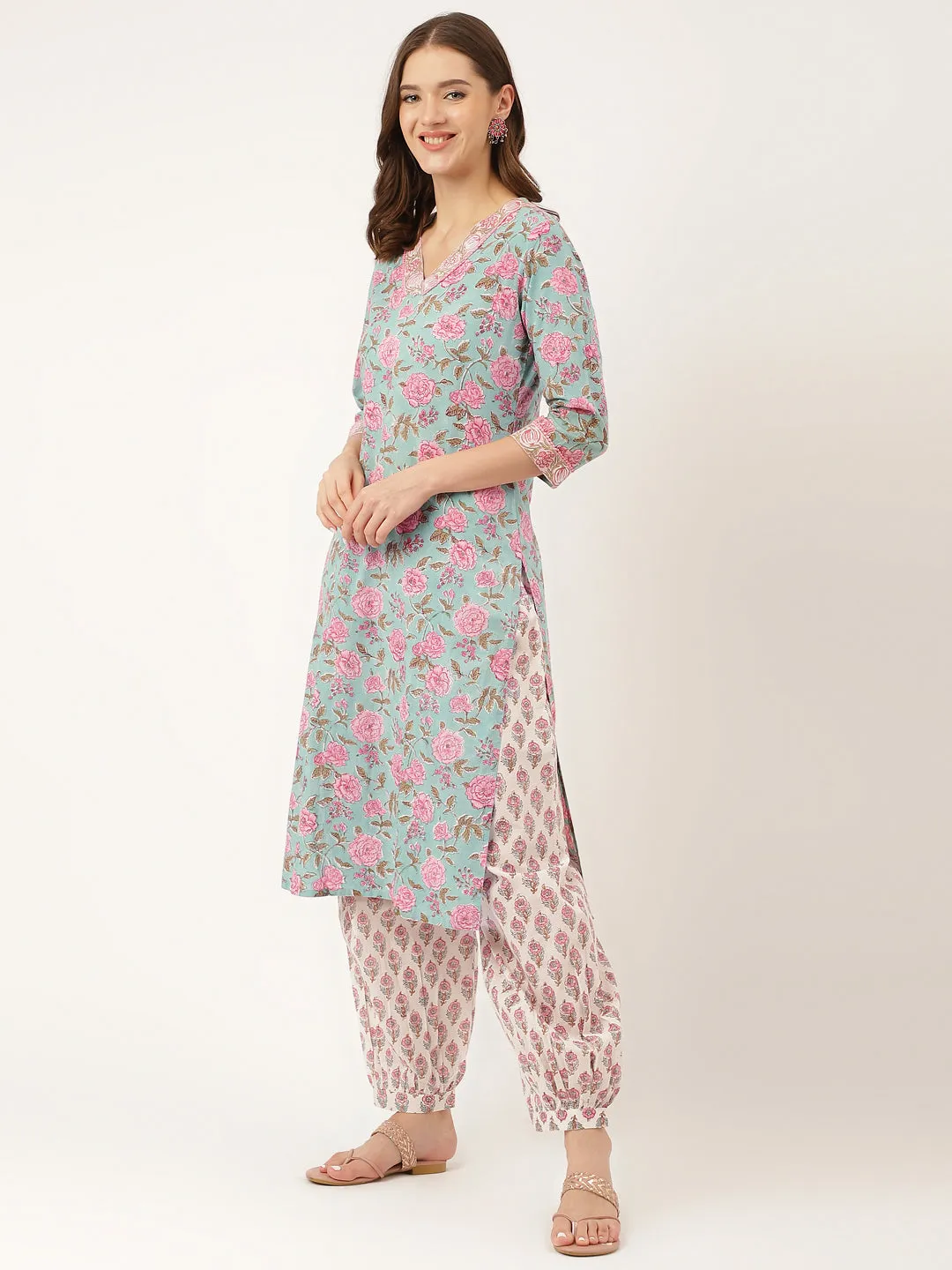 Jashvi Blue Hand Block Floral Print Cotton Kurta, Salwar With Dupatta