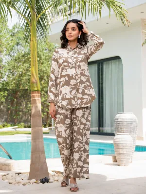 Jashvi Brown & White Floral Printed Rayon Co-ord Set