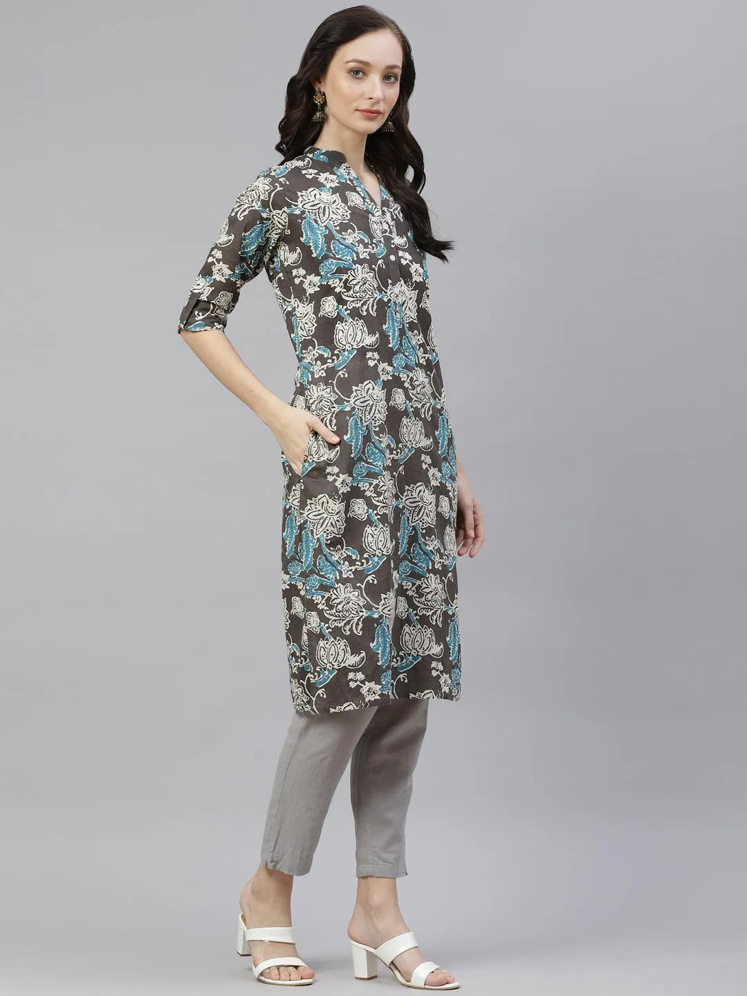 Jashvi Brown Floral printed Straight kurta