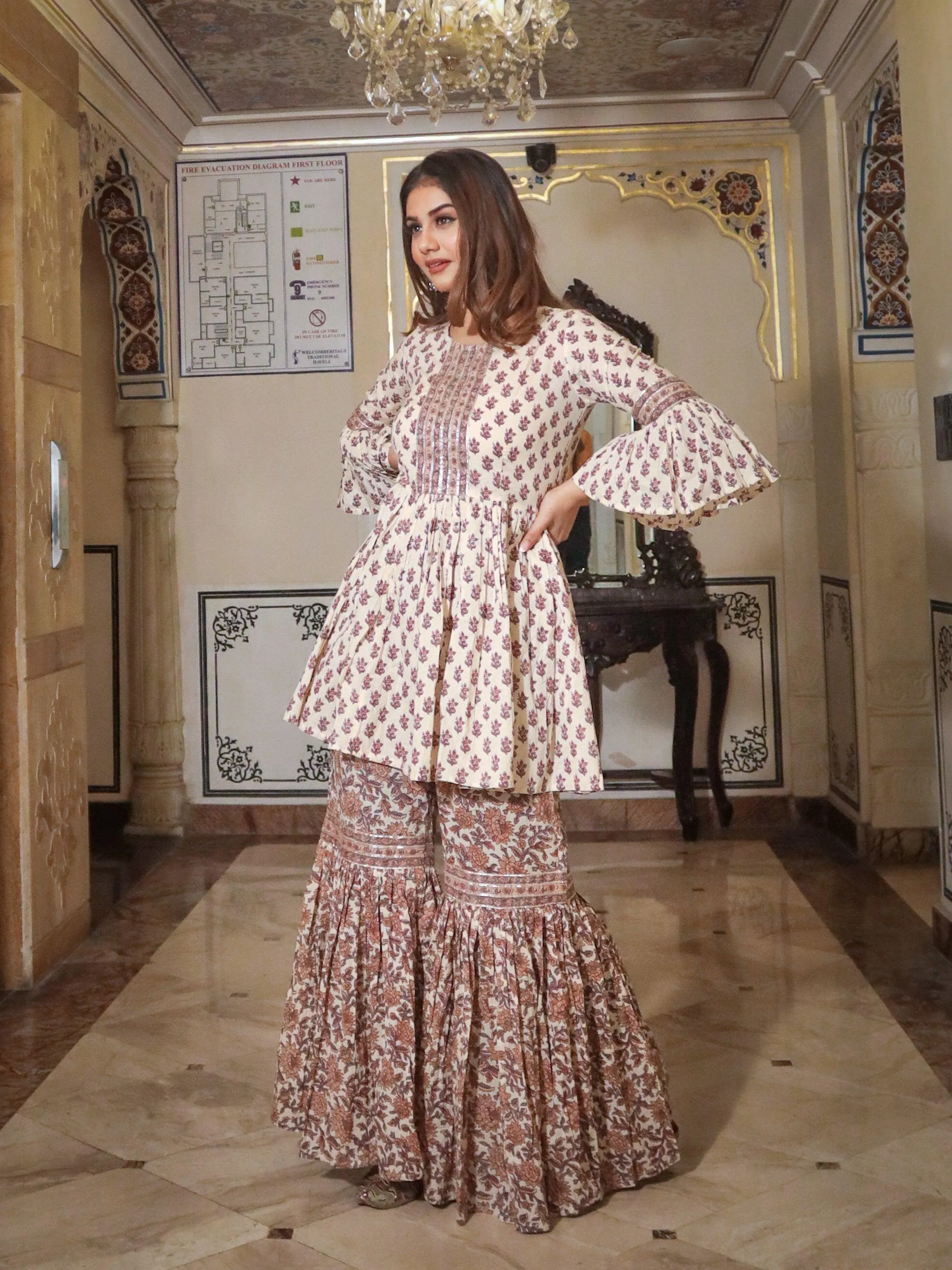 Jashvi Cream Printed Sharara Set