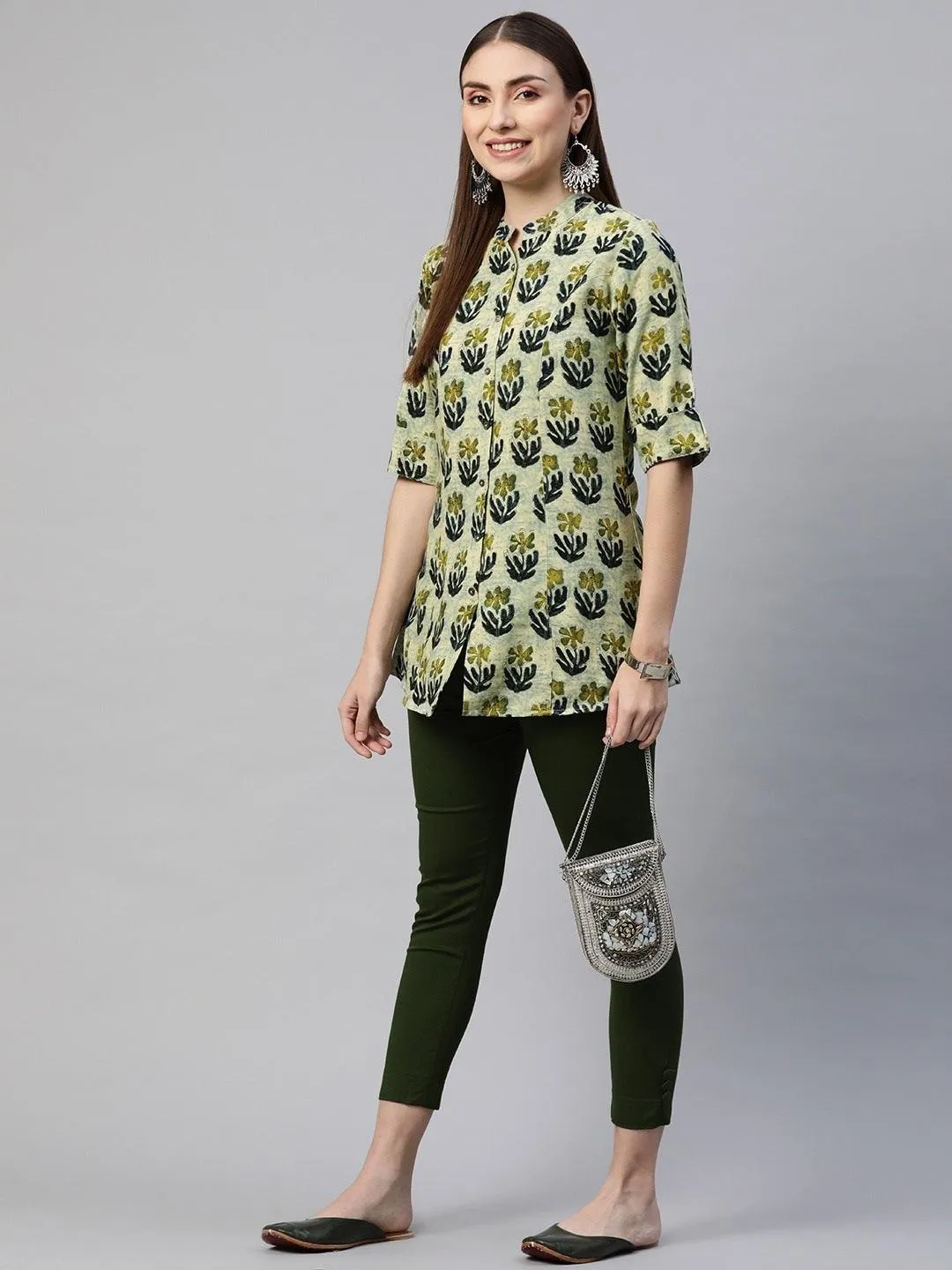 Jashvi Green Blue Floral Rayon A-line Shirt Style Top