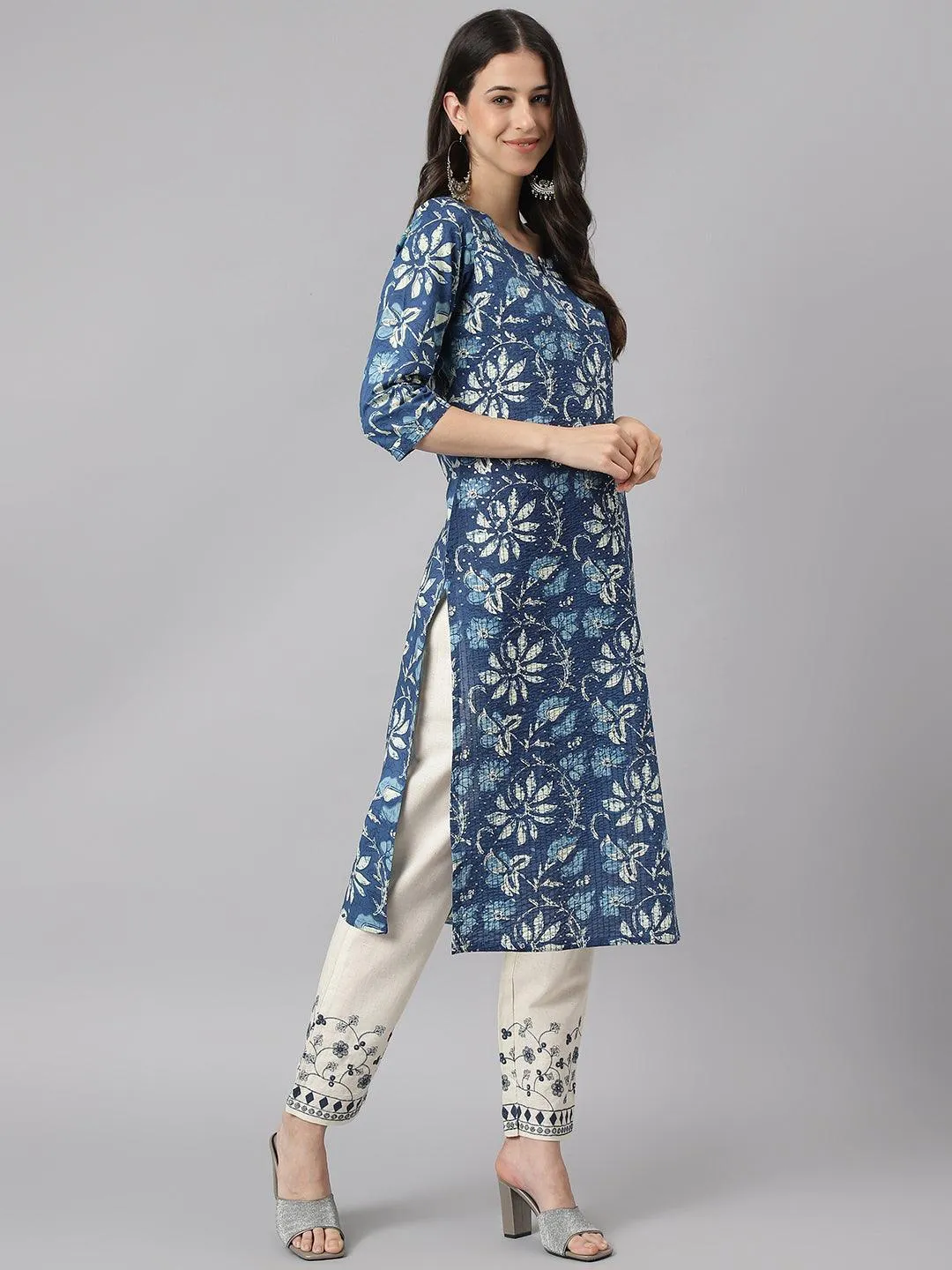 Jashvi Indigo Floral Cotton Kurta pant Set with Dupatta