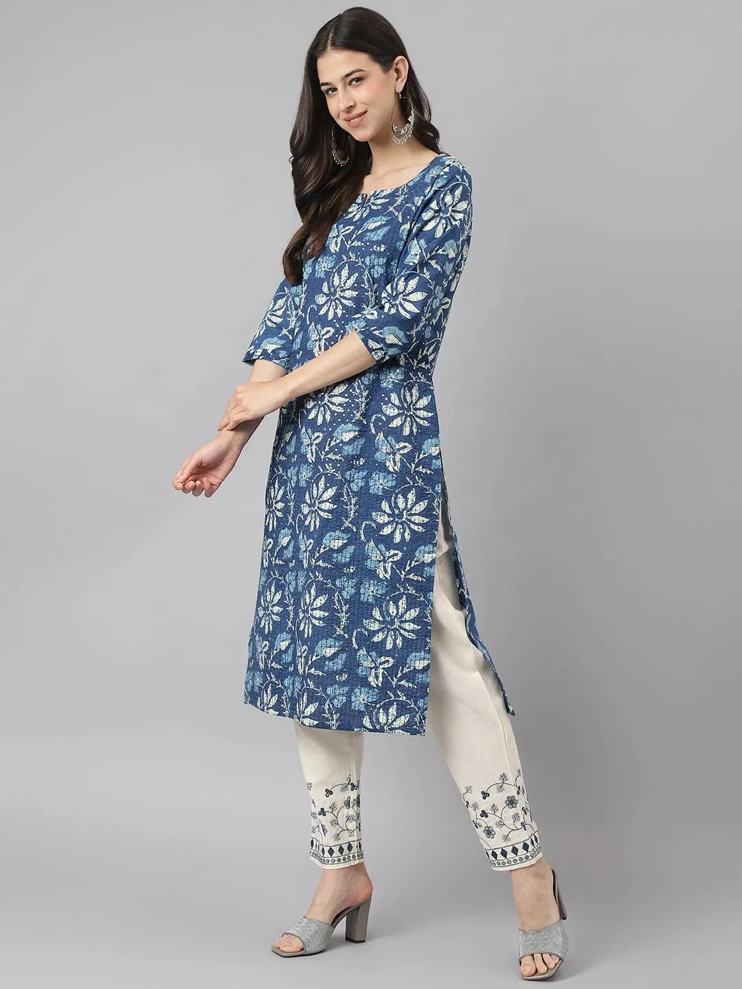 Jashvi Indigo Floral Cotton Kurta pant Set with Dupatta