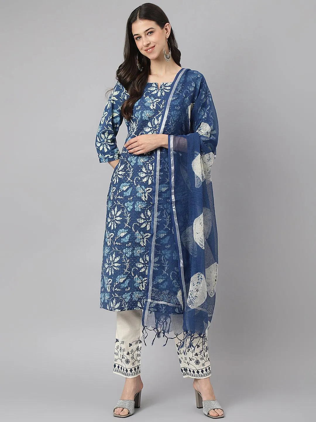 Jashvi Indigo Floral Cotton Kurta pant Set with Dupatta