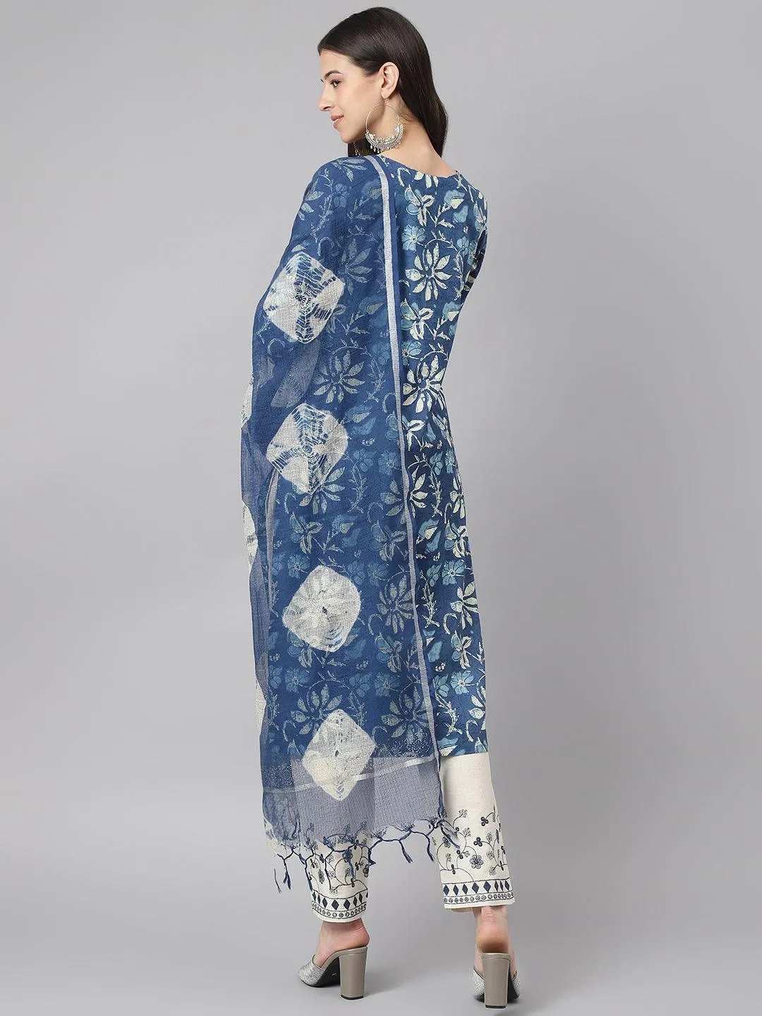 Jashvi Indigo Floral Cotton Kurta pant Set with Dupatta