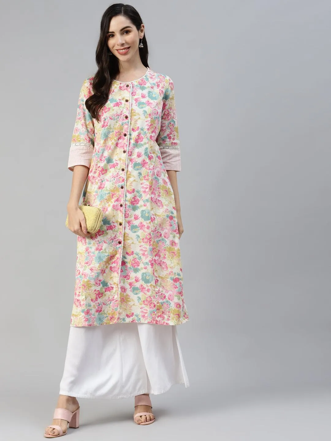 Jashvi Jashvi Multi Floral Printed Cotton Flex A-line Kurta