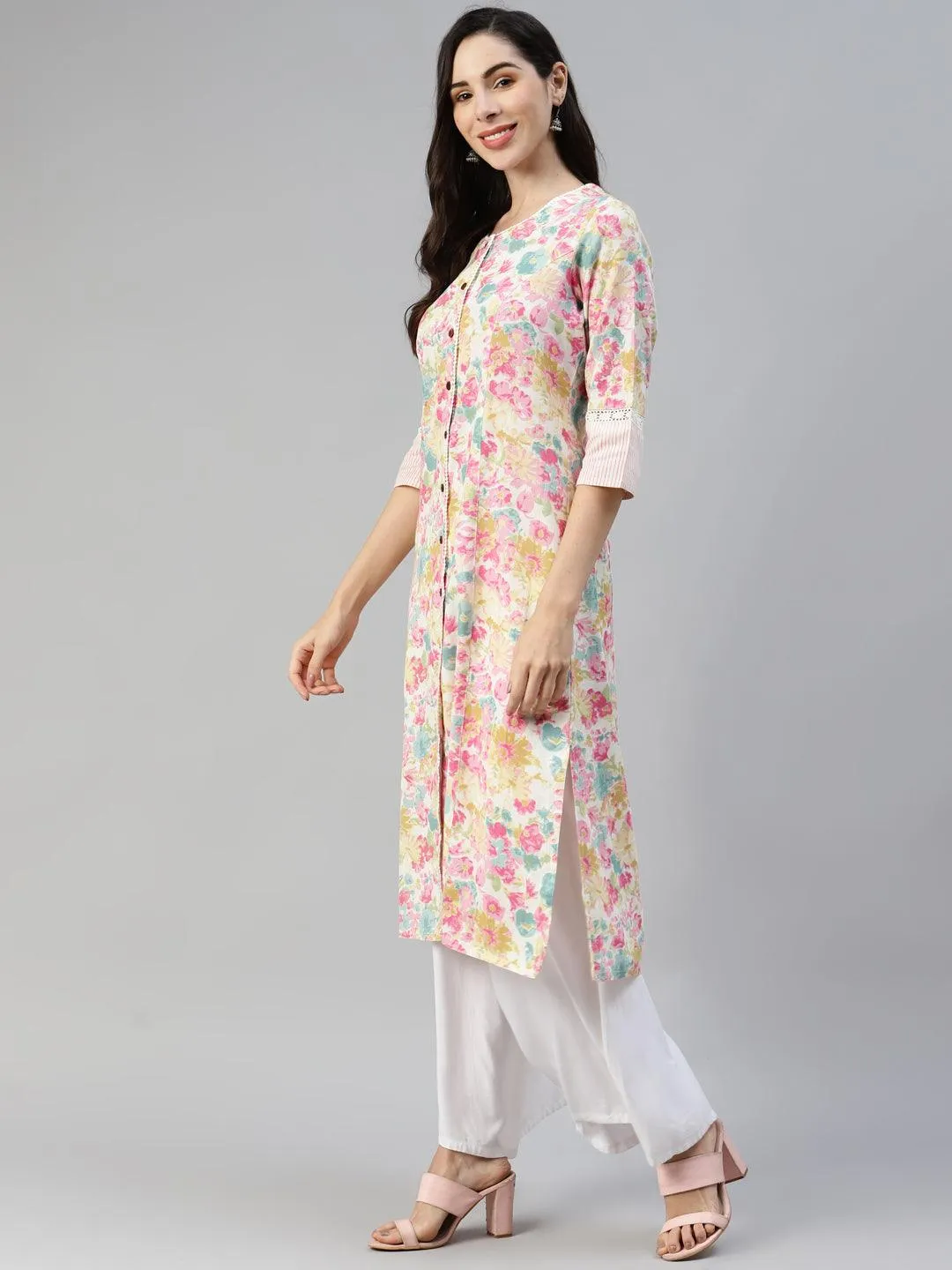 Jashvi Jashvi Multi Floral Printed Cotton Flex A-line Kurta