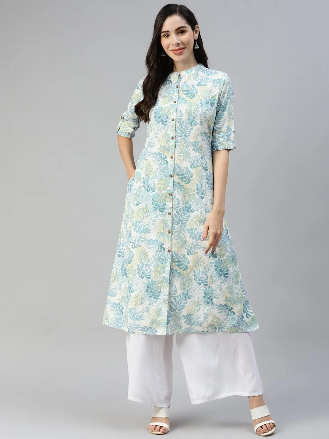 Jashvi Jashvi White Floral Printed Cotton Flex A-line Kurta