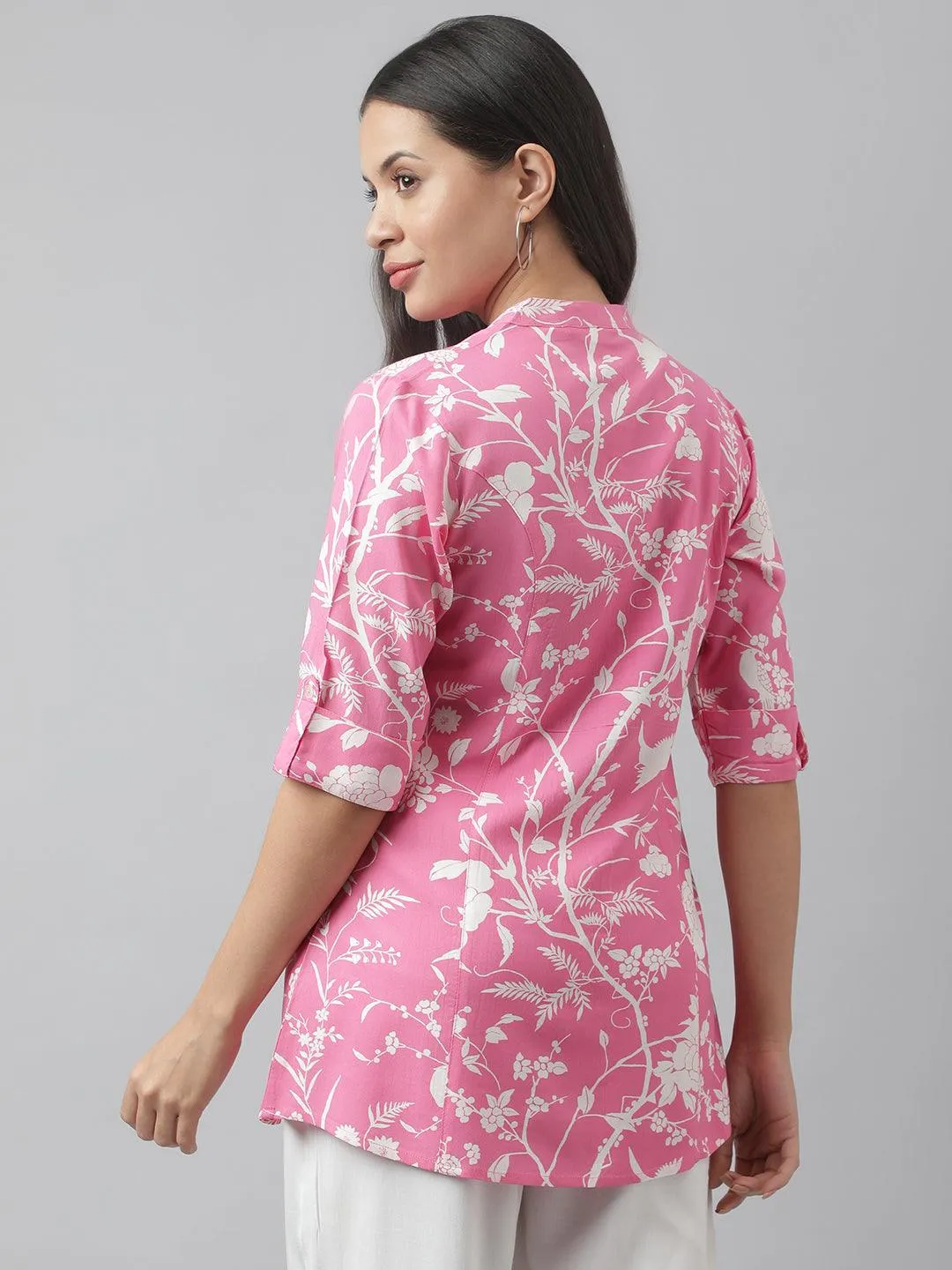 Jashvi Light Pink Floral Printed Rayon A-line Shirt Style Top