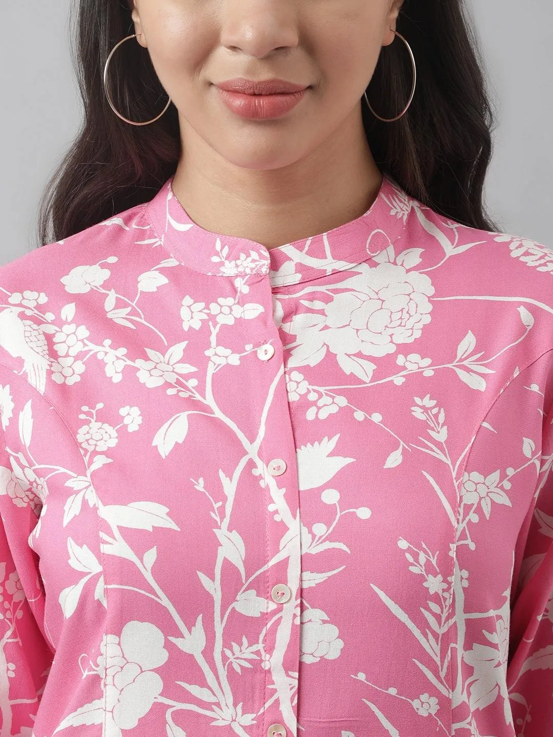 Jashvi Light Pink Floral Printed Rayon A-line Shirt Style Top