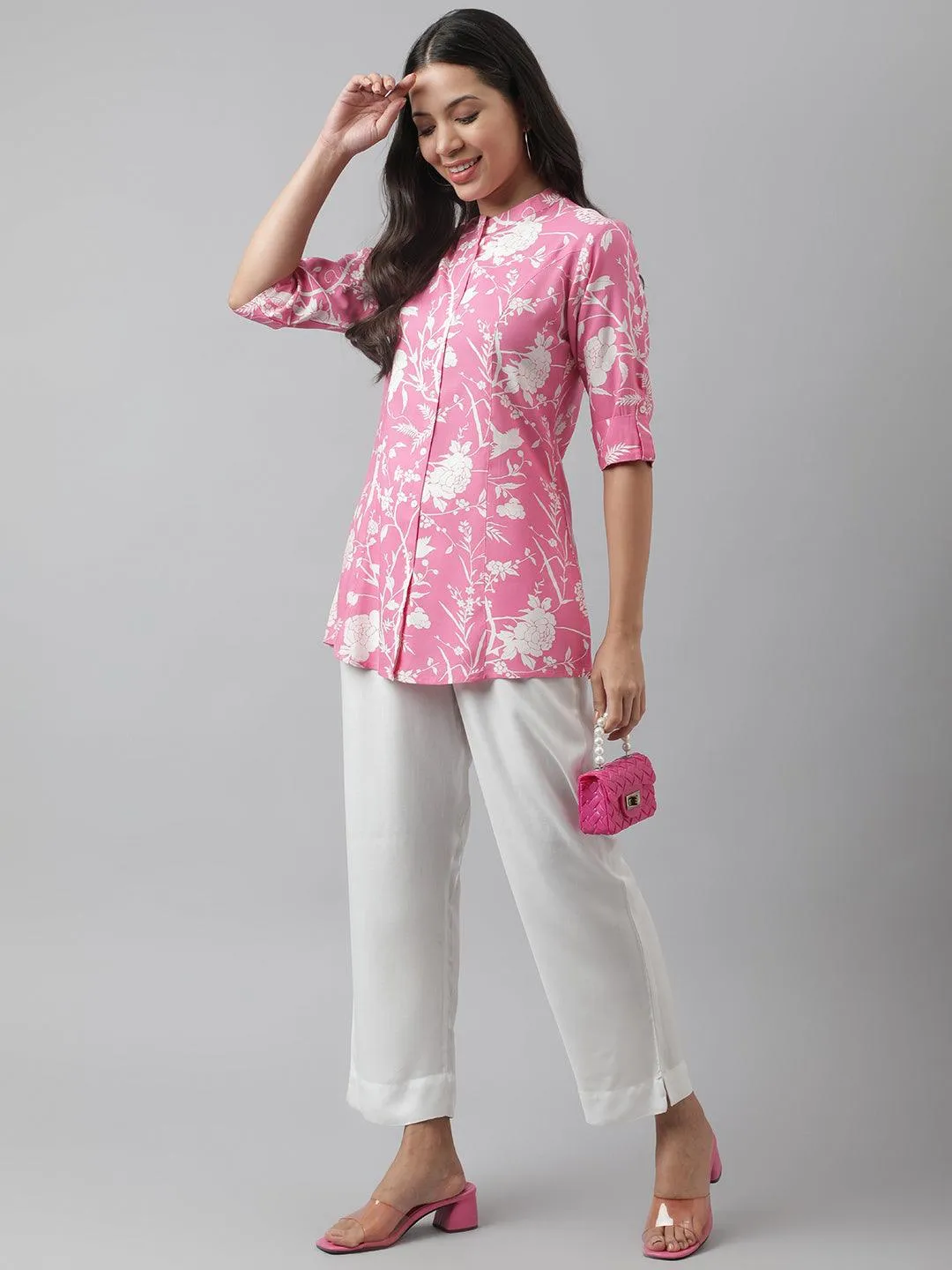 Jashvi Light Pink Floral Printed Rayon A-line Shirt Style Top