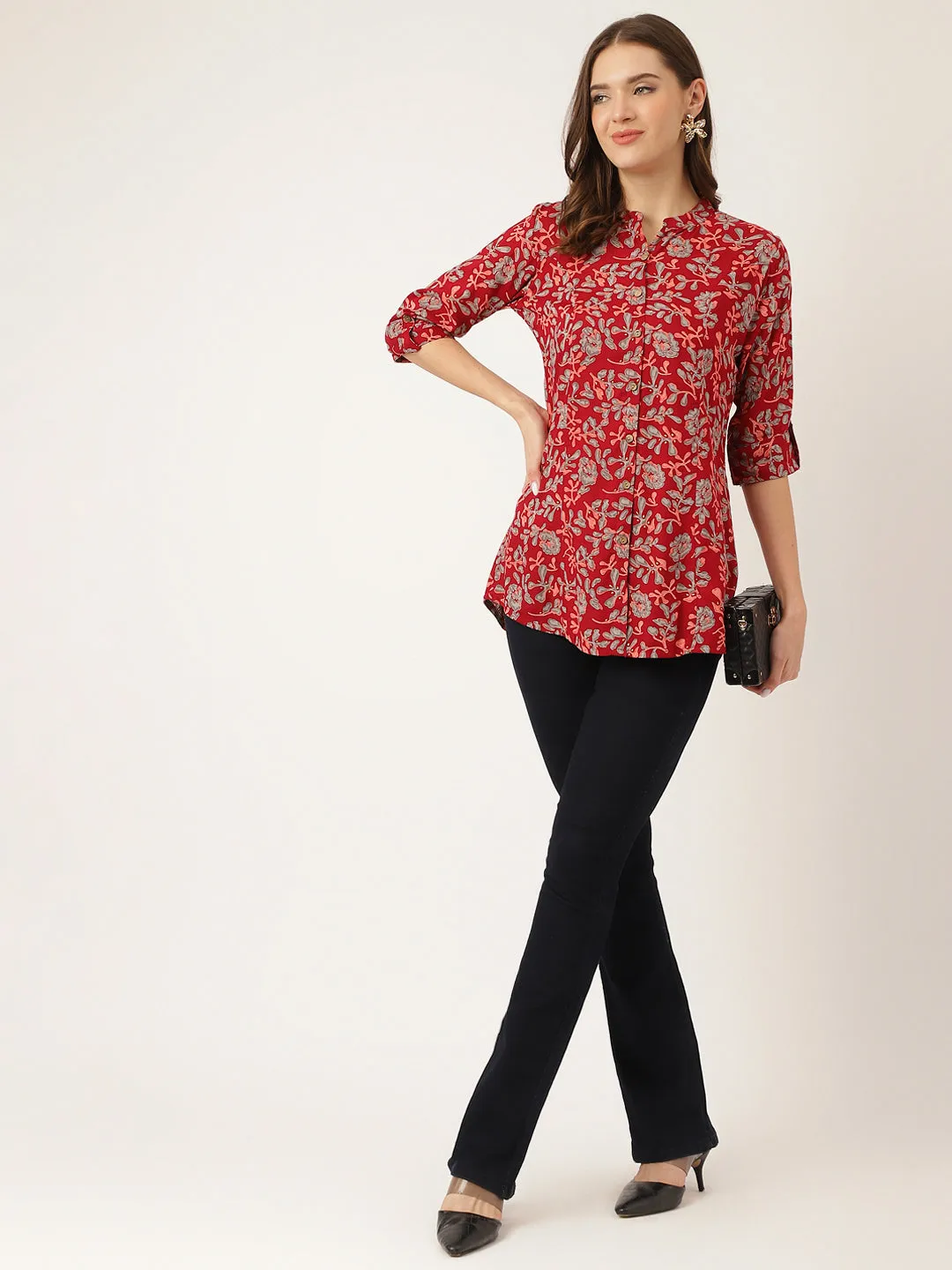 Jashvi Maroon Floral Print Rayon Regular Top