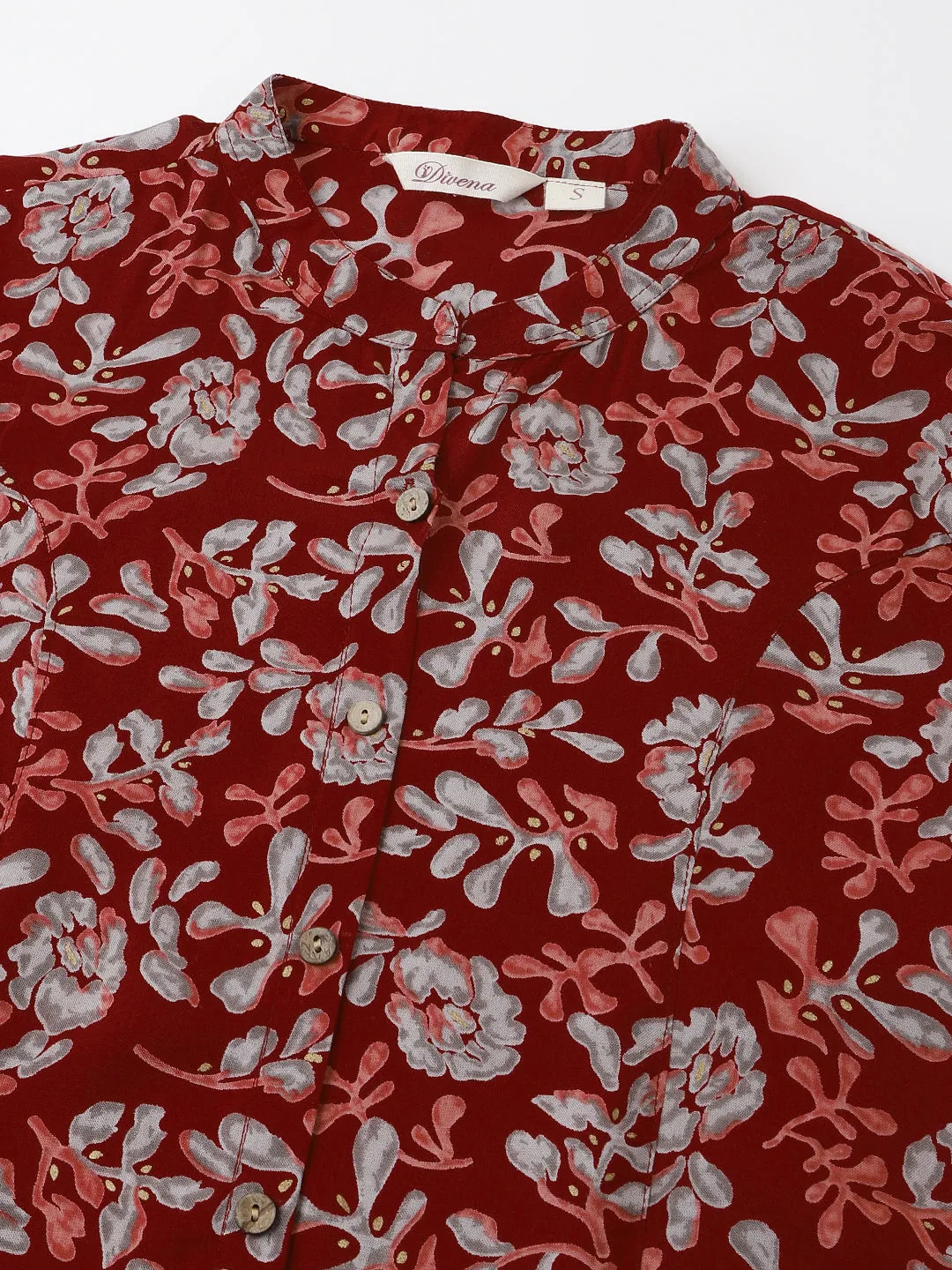 Jashvi Maroon Floral Print Rayon Regular Top