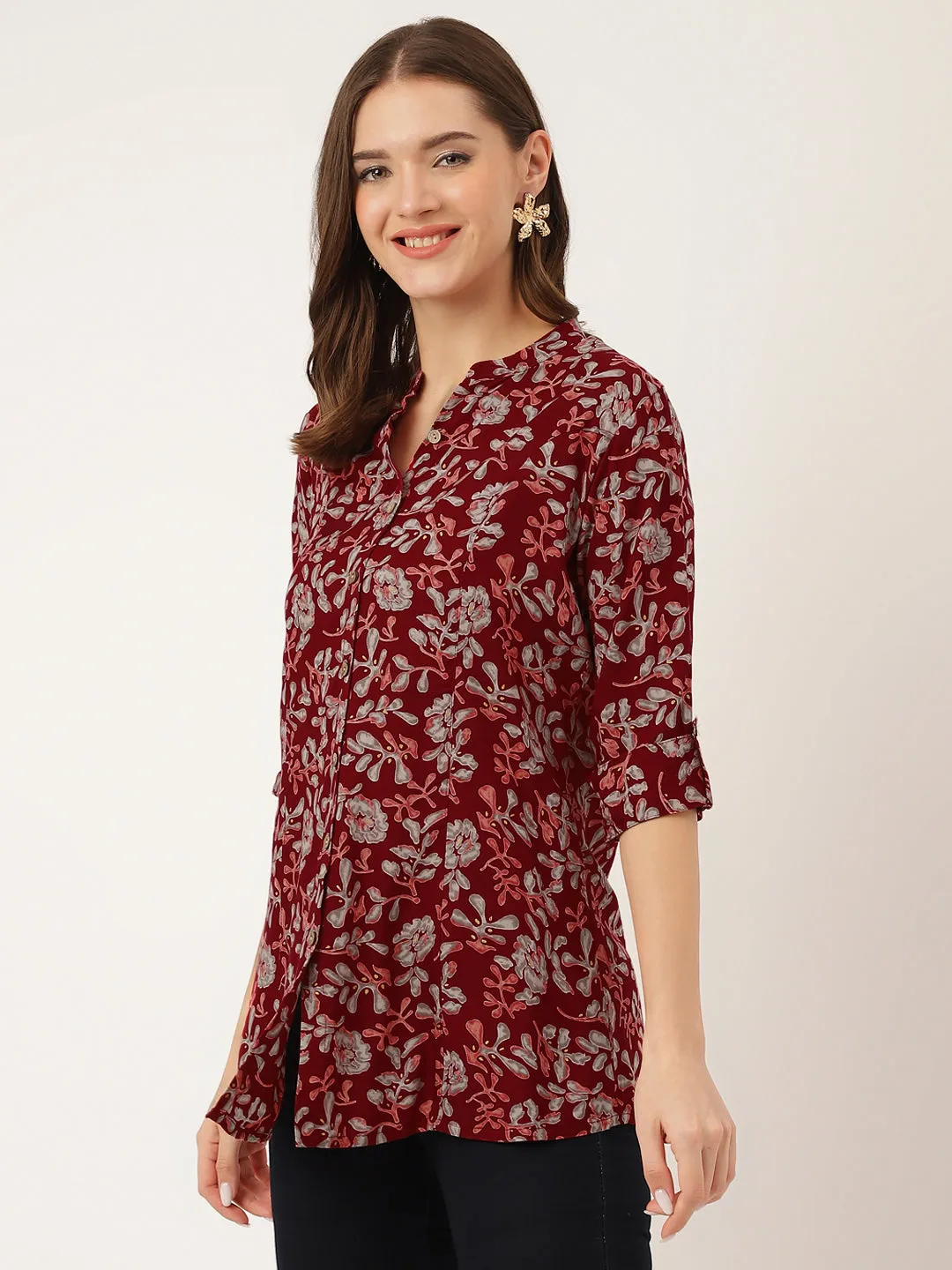 Jashvi Maroon Floral Print Rayon Regular Top