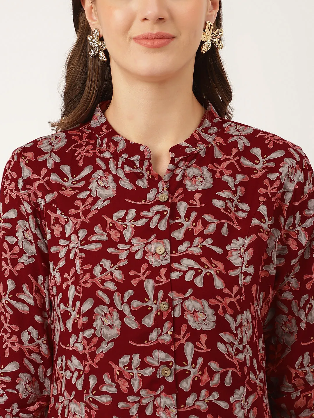 Jashvi Maroon Floral Print Rayon Regular Top