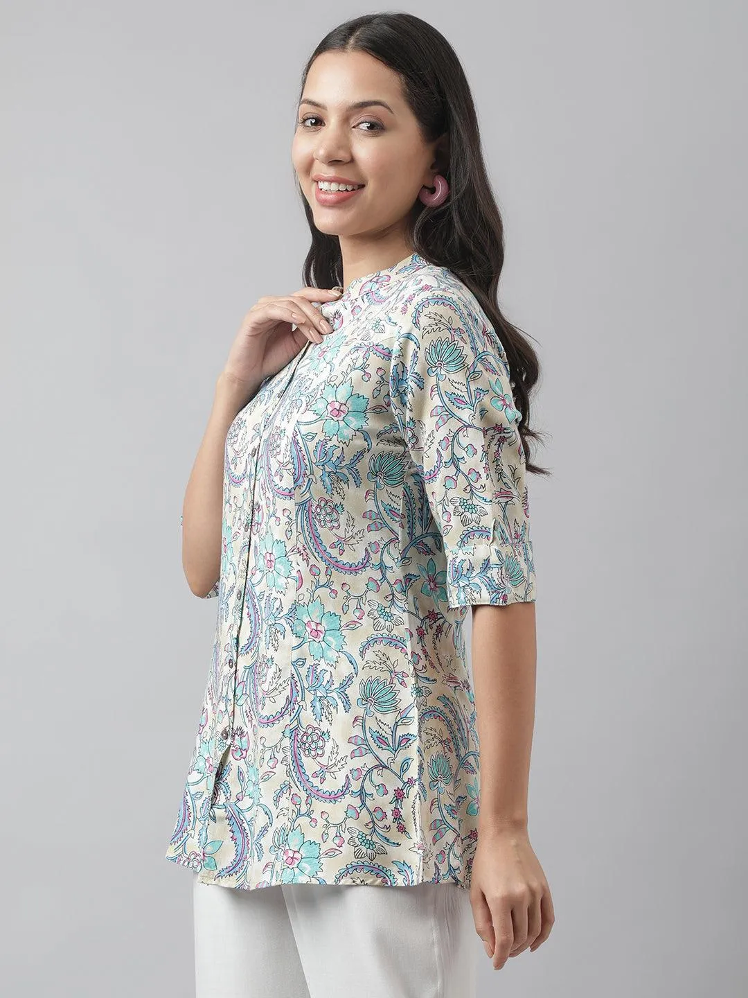 Jashvi Multi Colored Floral Printed Rayon A-line Shirt Style Top