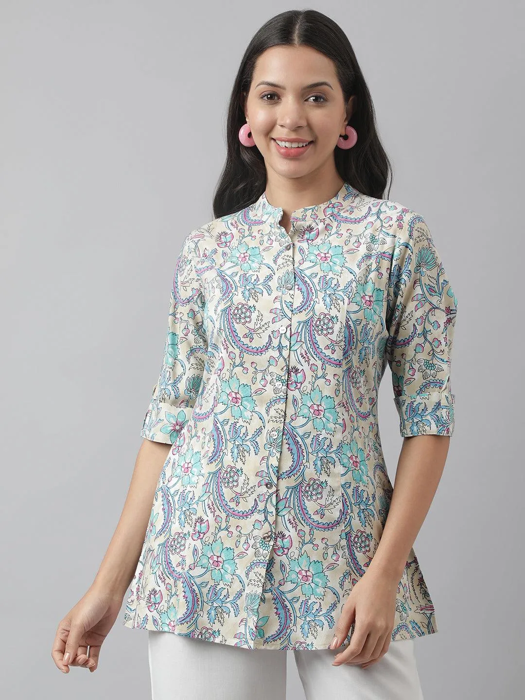 Jashvi Multi Colored Floral Printed Rayon A-line Shirt Style Top