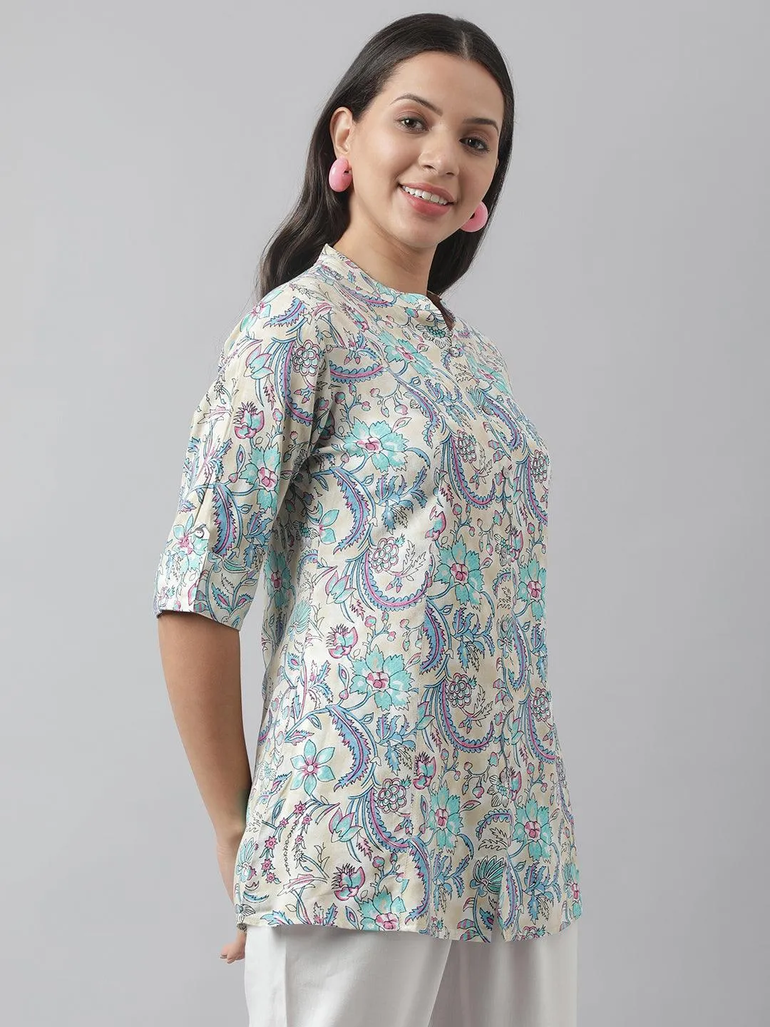 Jashvi Multi Colored Floral Printed Rayon A-line Shirt Style Top