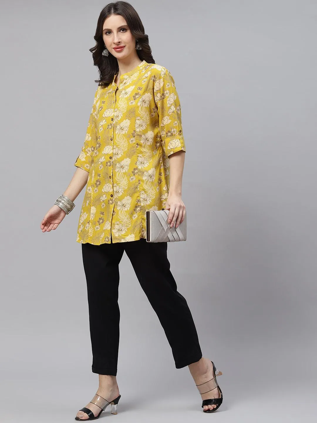 Jashvi Mustard Floral Rayon A-lineTop