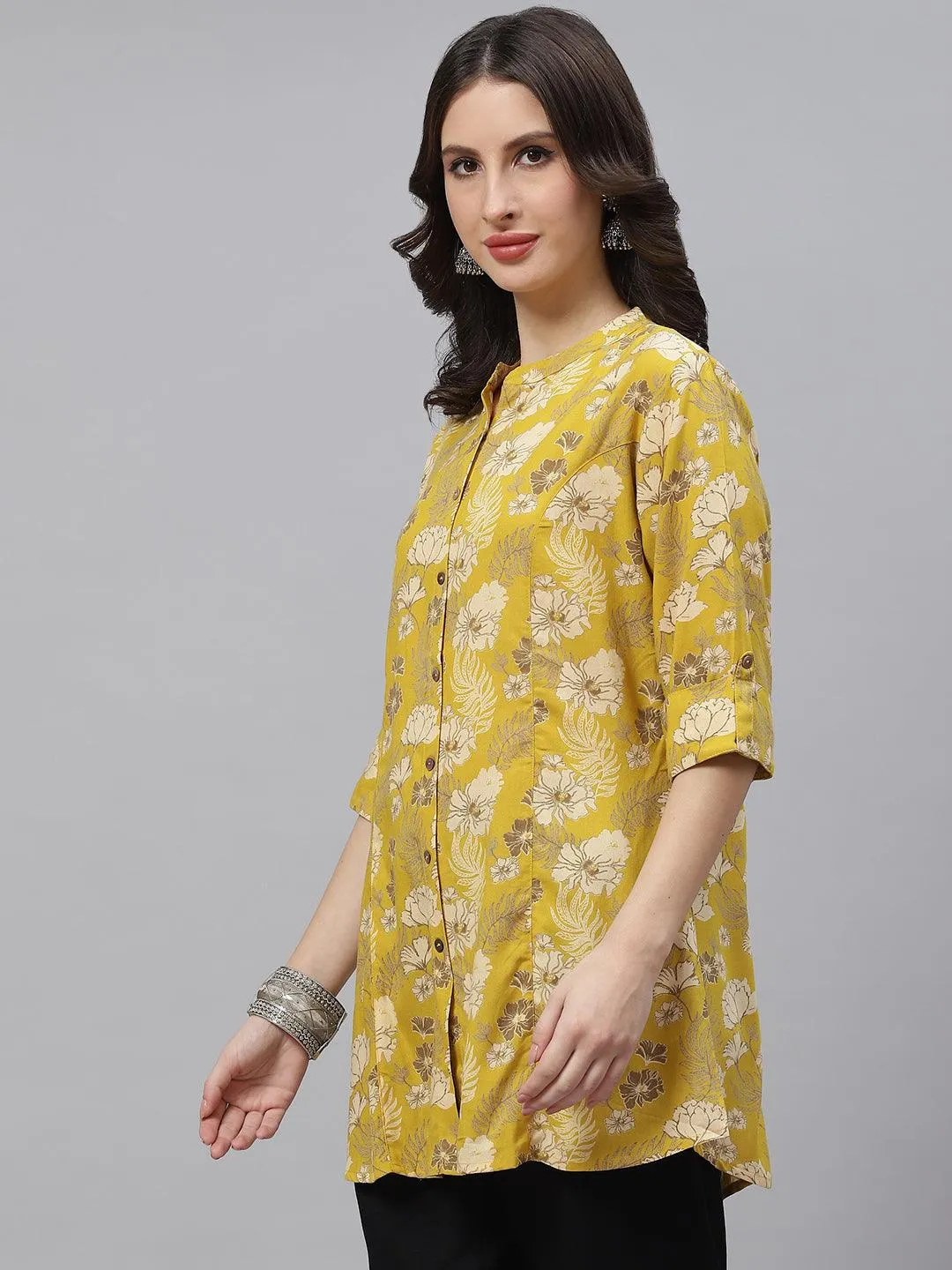 Jashvi Mustard Floral Rayon A-lineTop