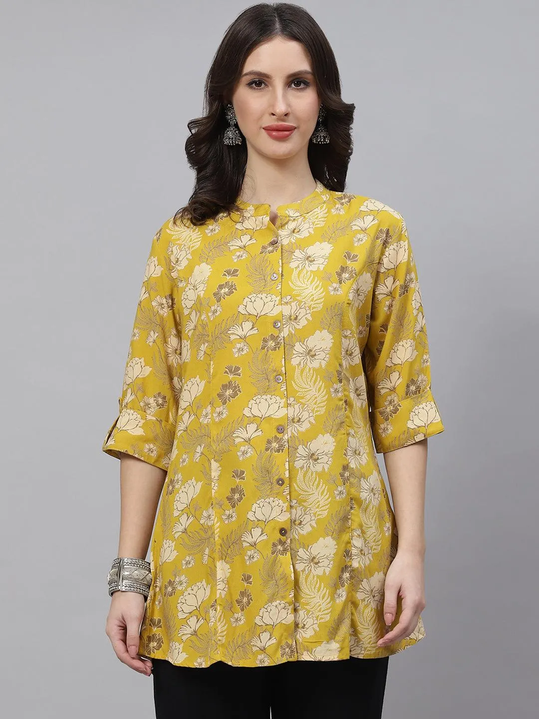 Jashvi Mustard Floral Rayon A-lineTop