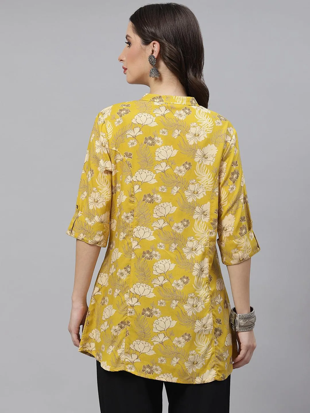 Jashvi Mustard Floral Rayon A-lineTop