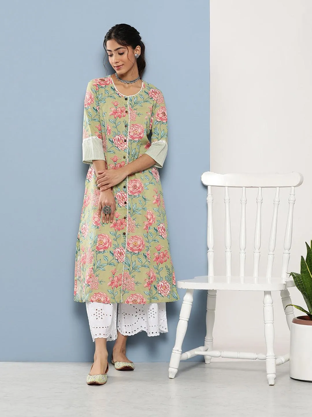 Jashvi Olive Floral Cotton Flex A-Line Kurta