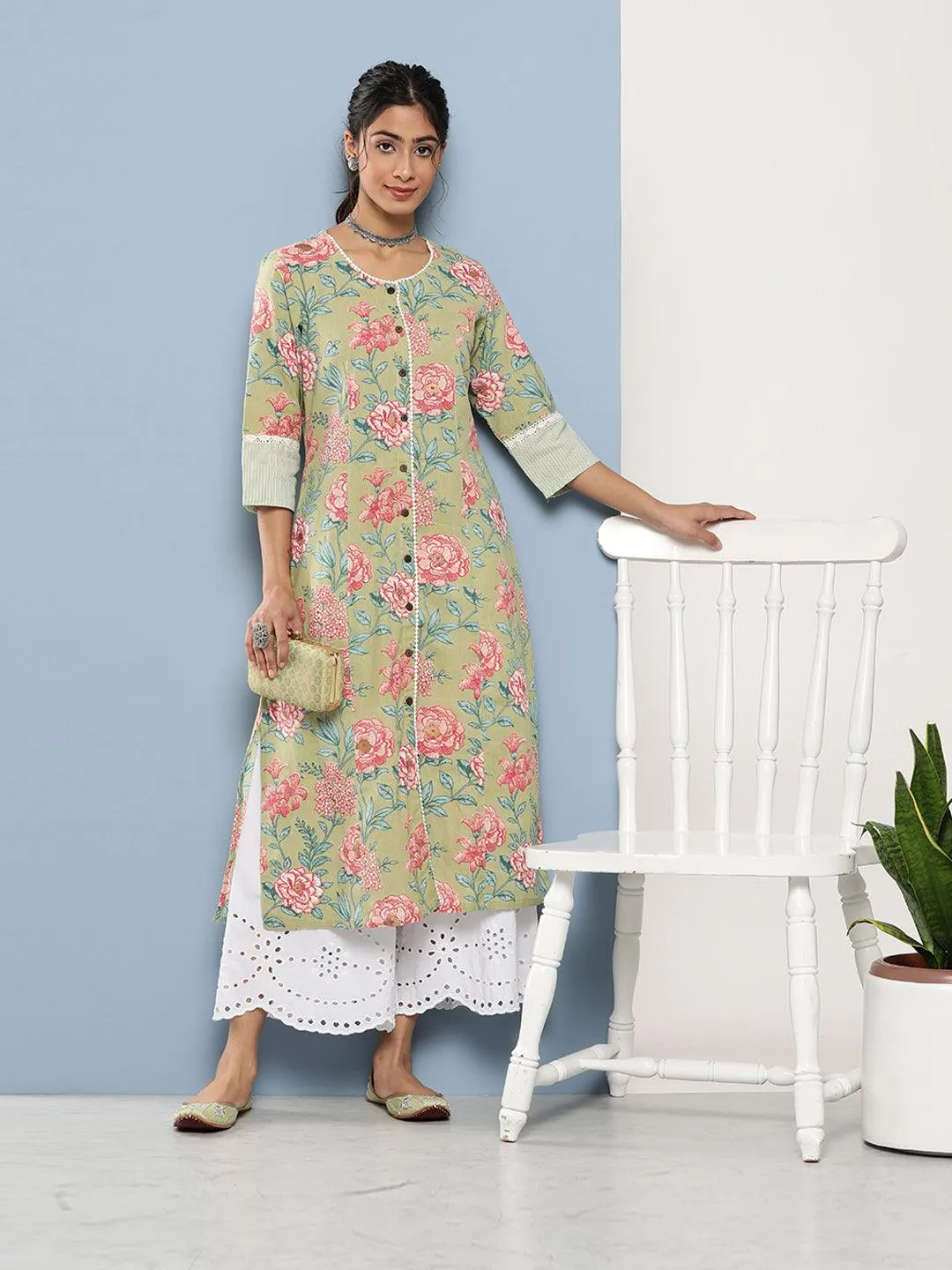 Jashvi Olive Floral Cotton Flex A-Line Kurta