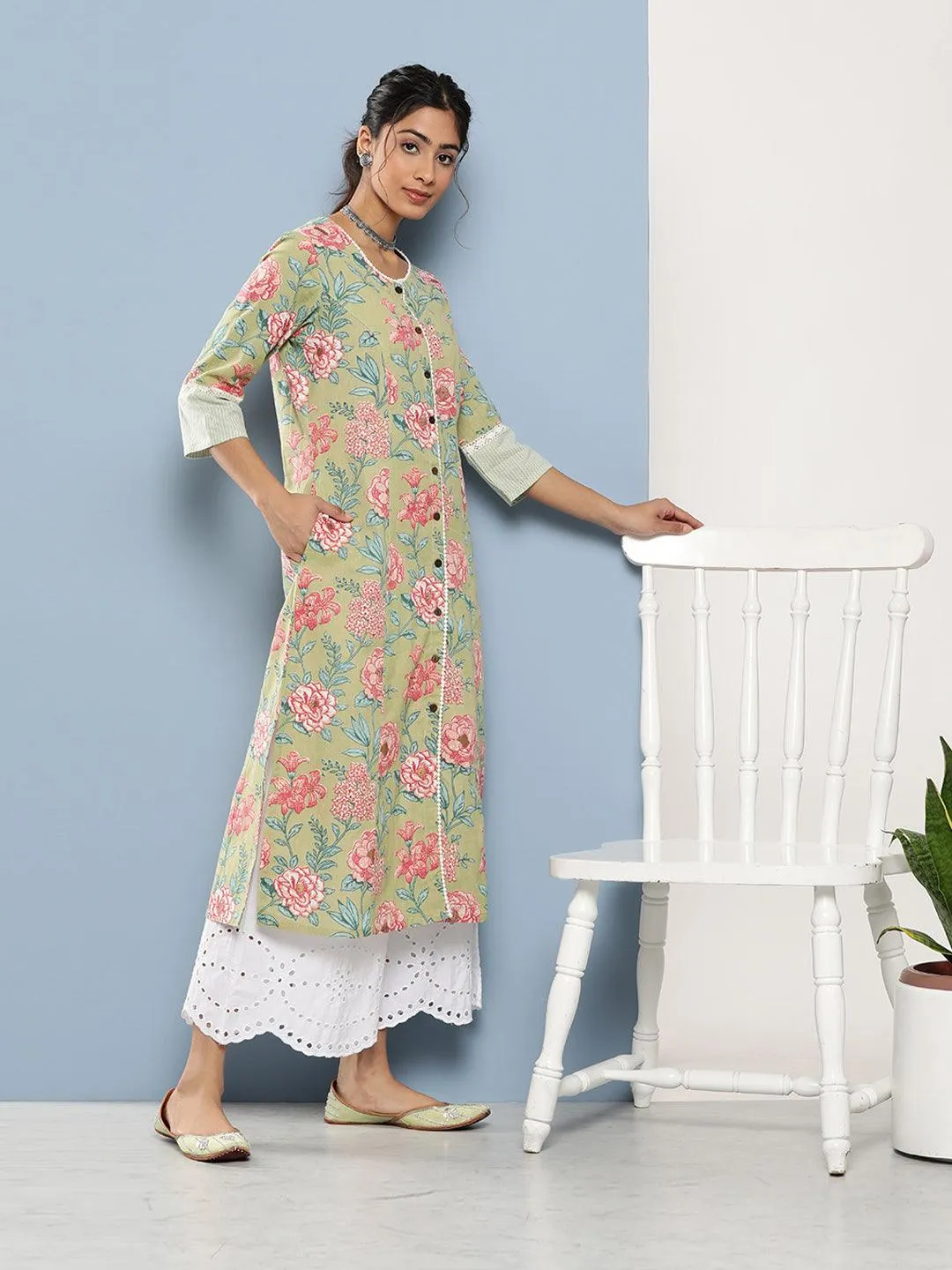 Jashvi Olive Floral Cotton Flex A-Line Kurta