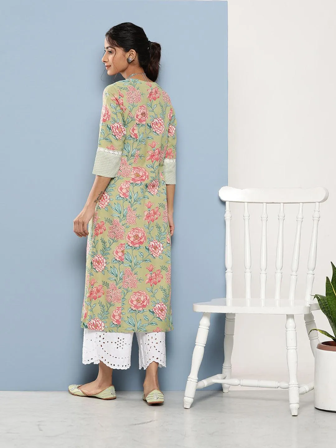 Jashvi Olive Floral Cotton Flex A-Line Kurta