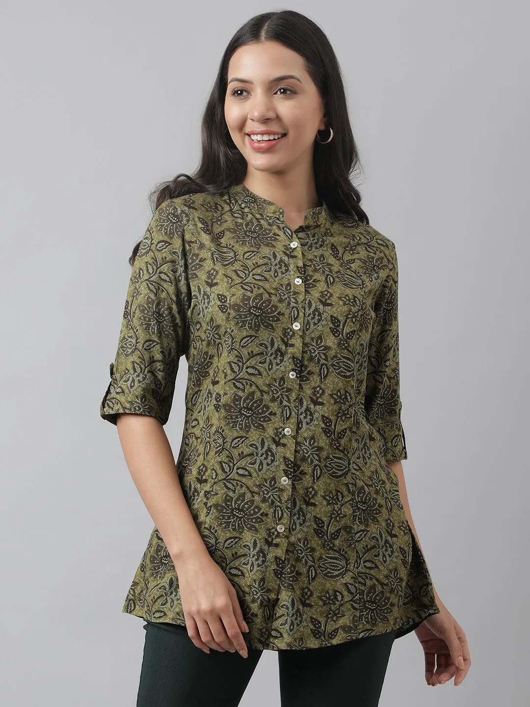 Jashvi Olive Green Floral Printed Rayon A-line Shirt Style Top