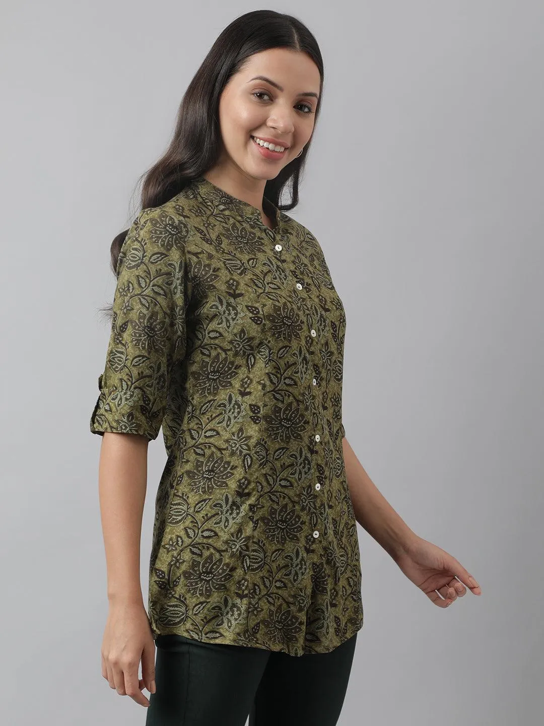 Jashvi Olive Green Floral Printed Rayon A-line Shirt Style Top