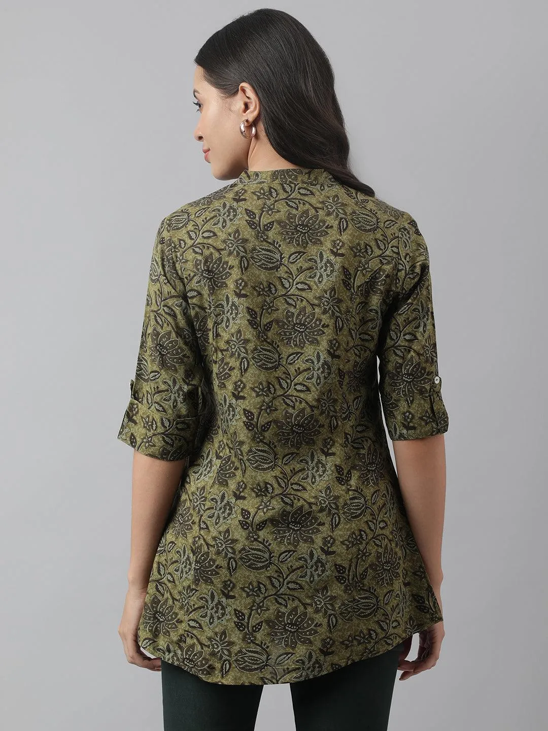 Jashvi Olive Green Floral Printed Rayon A-line Shirt Style Top