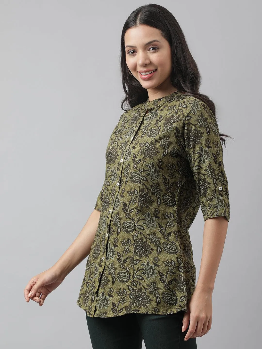 Jashvi Olive Green Floral Printed Rayon A-line Shirt Style Top