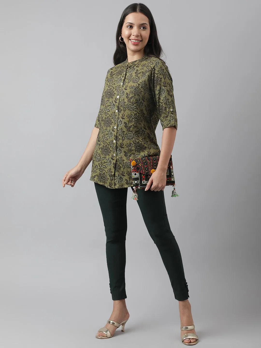 Jashvi Olive Green Floral Printed Rayon A-line Shirt Style Top