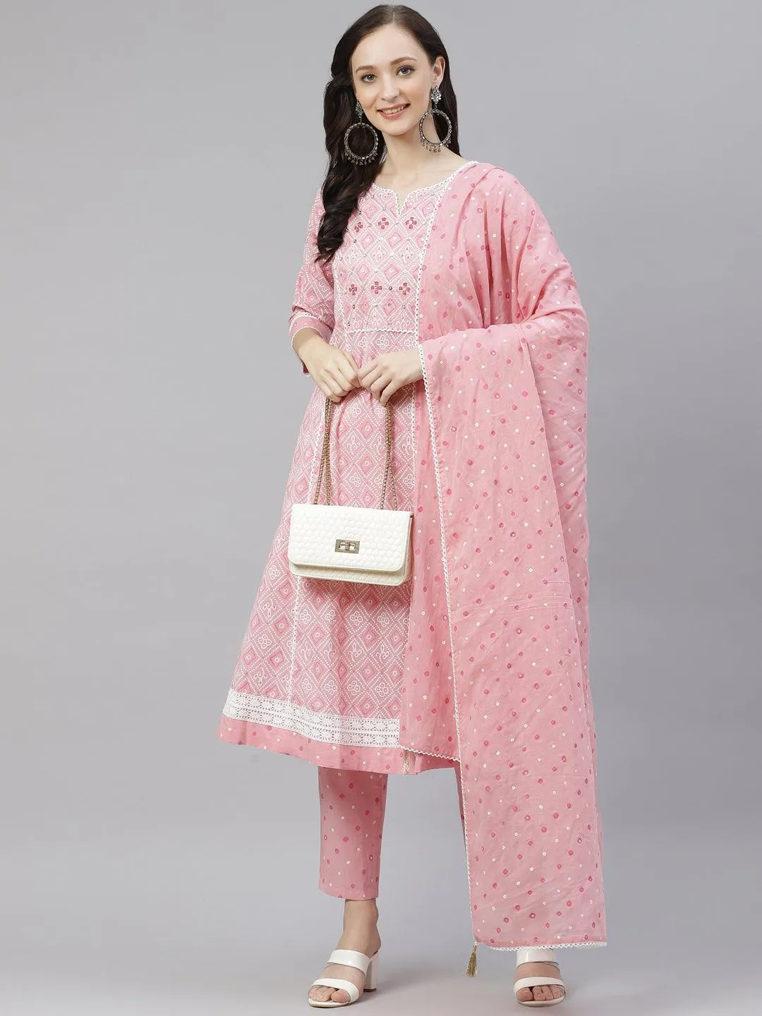 Jashvi Pink Cotton A-line  kurta Pant set with Dupatta