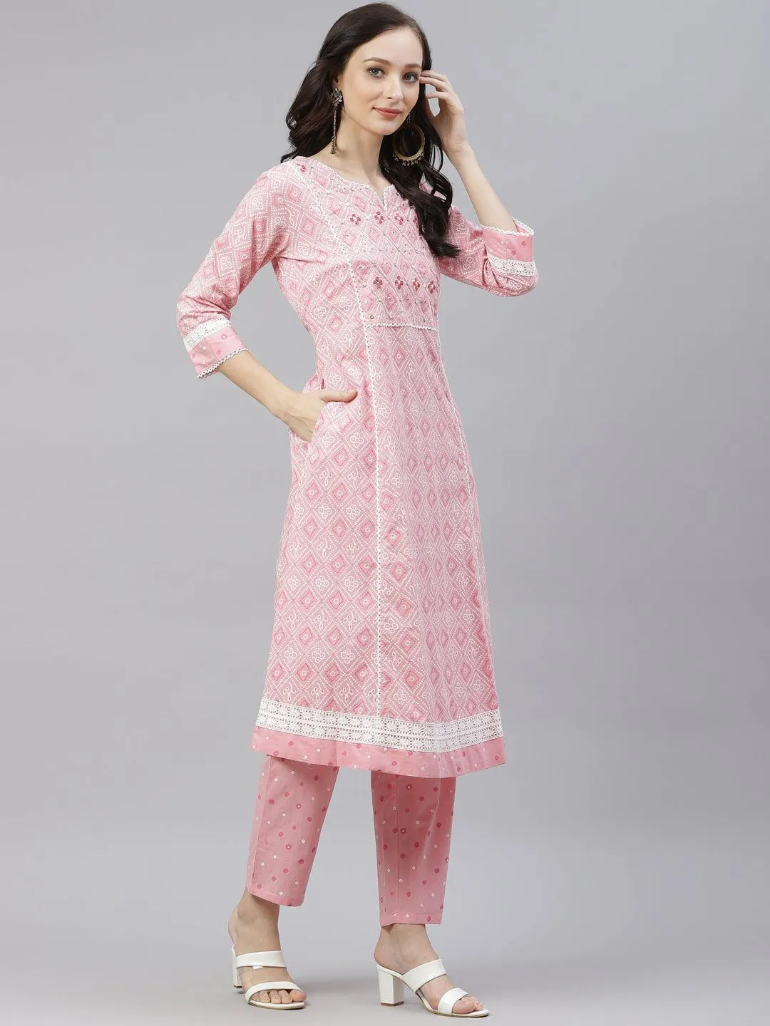 Jashvi Pink Cotton A-line  kurta Pant set with Dupatta