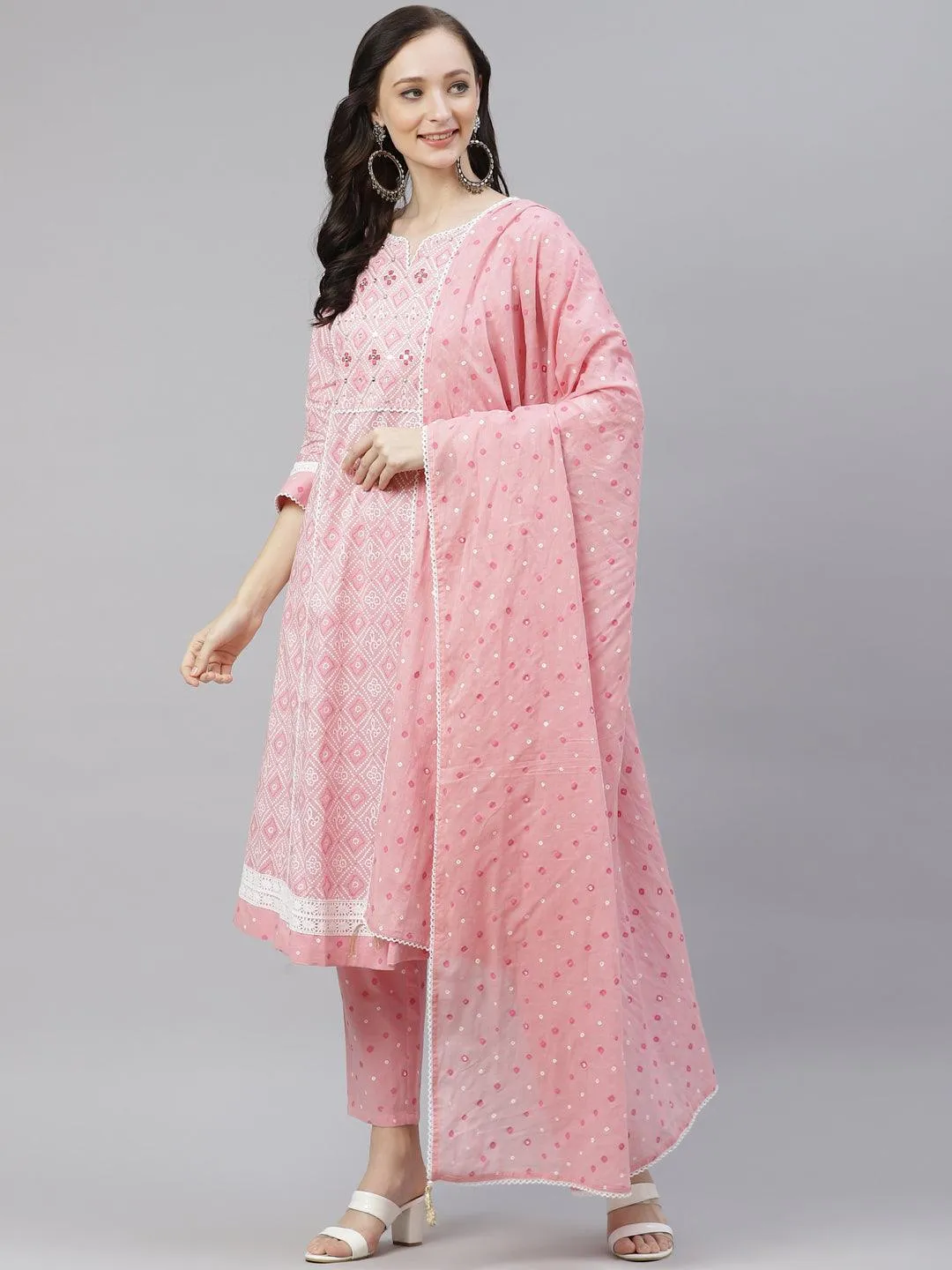 Jashvi Pink Cotton A-line  kurta Pant set with Dupatta