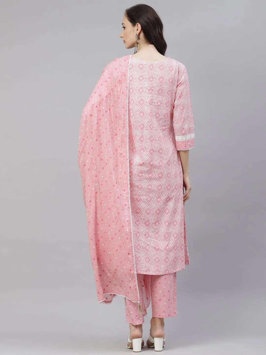 Jashvi Pink Cotton A-line  kurta Pant set with Dupatta