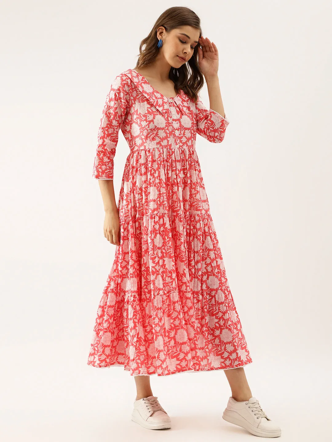 Jashvi Pink Floral Printed Cotton Ethnic Dress for Women