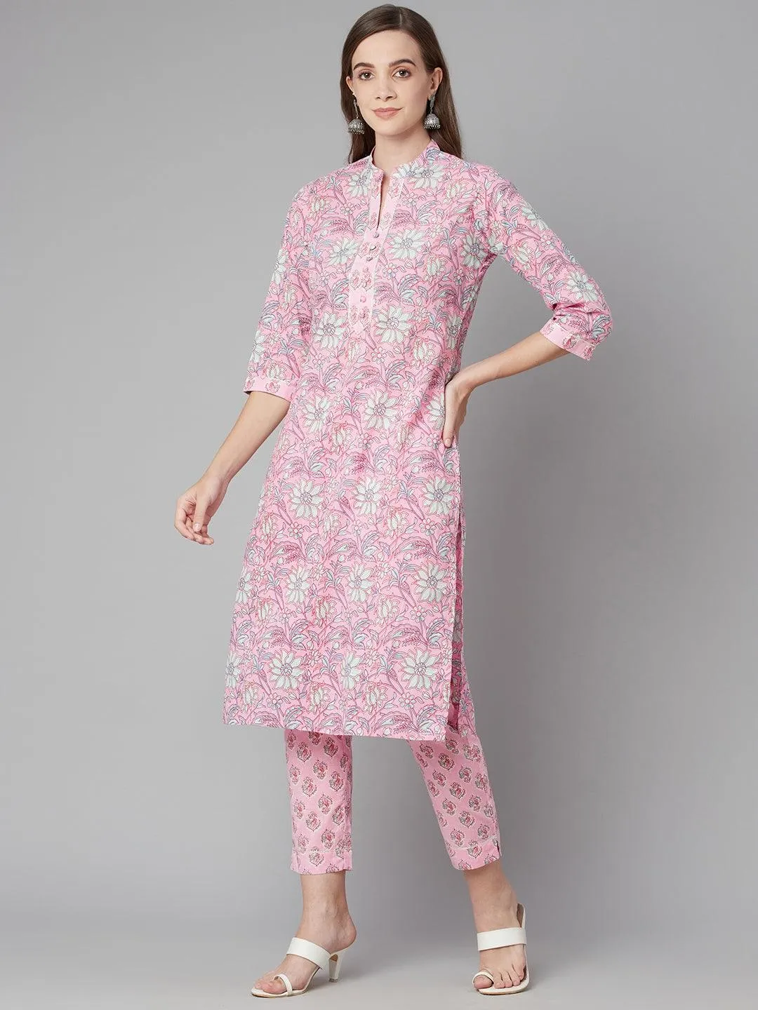 Jashvi Pink floral printed Cotton Kurta Pant set