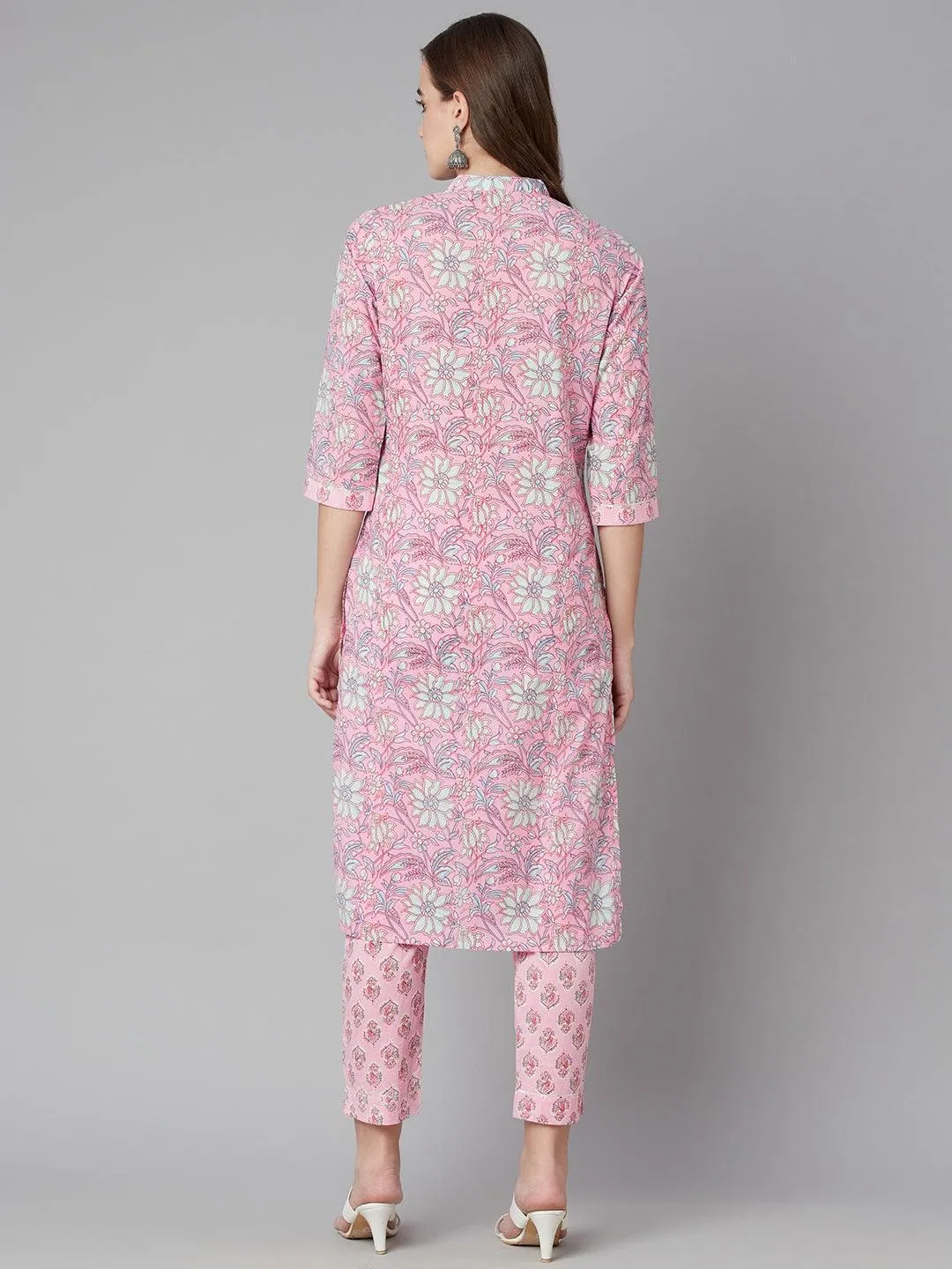 Jashvi Pink floral printed Cotton Kurta Pant set