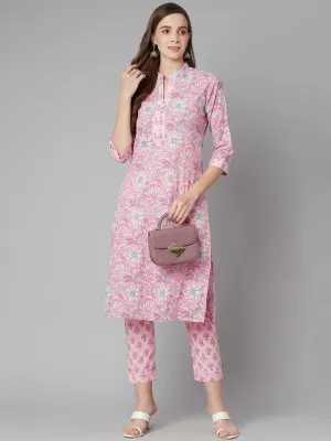 Jashvi Pink floral printed Cotton Kurta Pant set