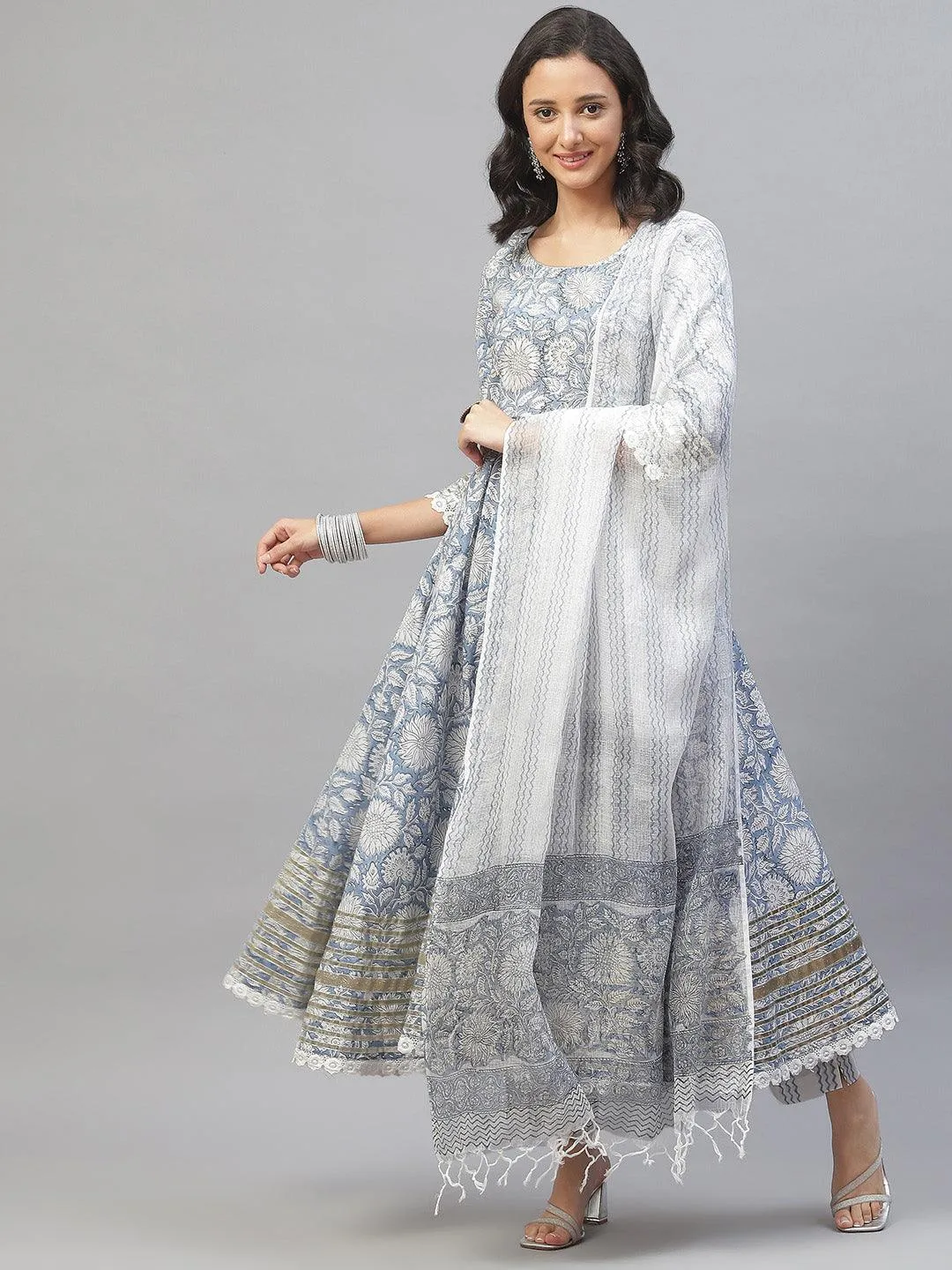 Jashvi Sky blue Hand Block Printed Anarkali kurta Pant Set with Dupatta