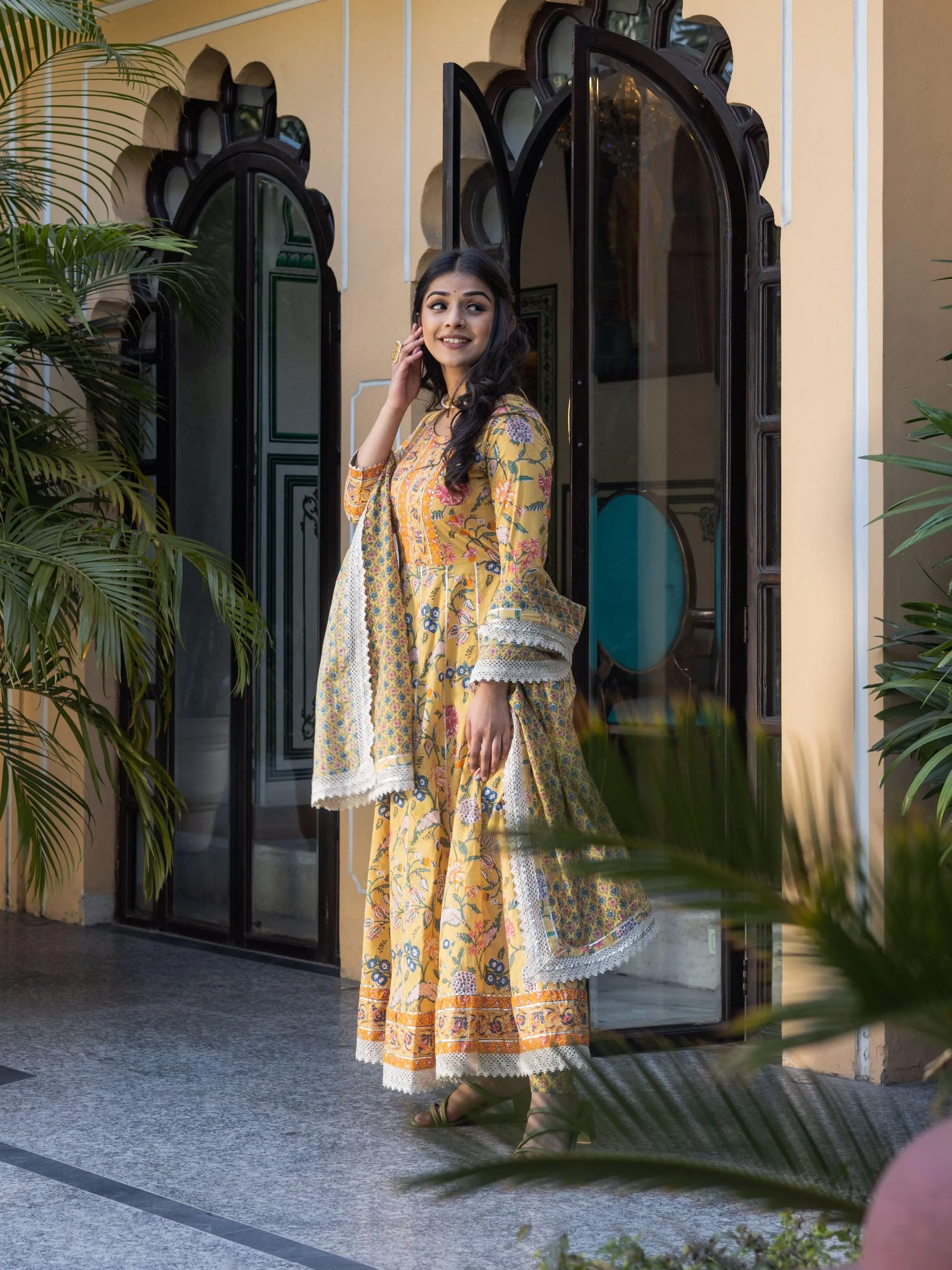 Jashvi Yellow Floral anarkali Pant Set with Dupatta