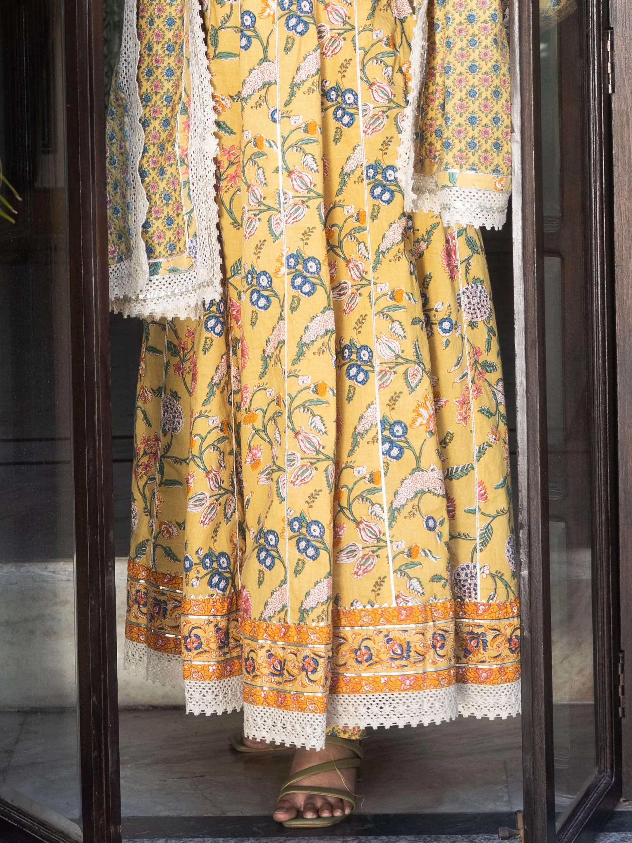 Jashvi Yellow Floral anarkali Pant Set with Dupatta