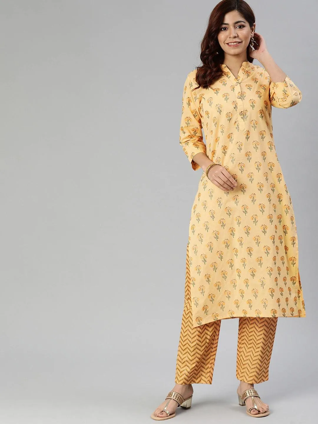 Jashvi Yellow Flower Print Cotton Kurta Set